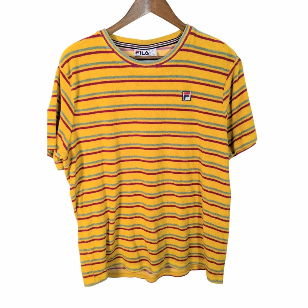Fila UO Men's Retro Yellow Stripe Cotton Terry Cloth Tee Shirt - Picture 1 of 8